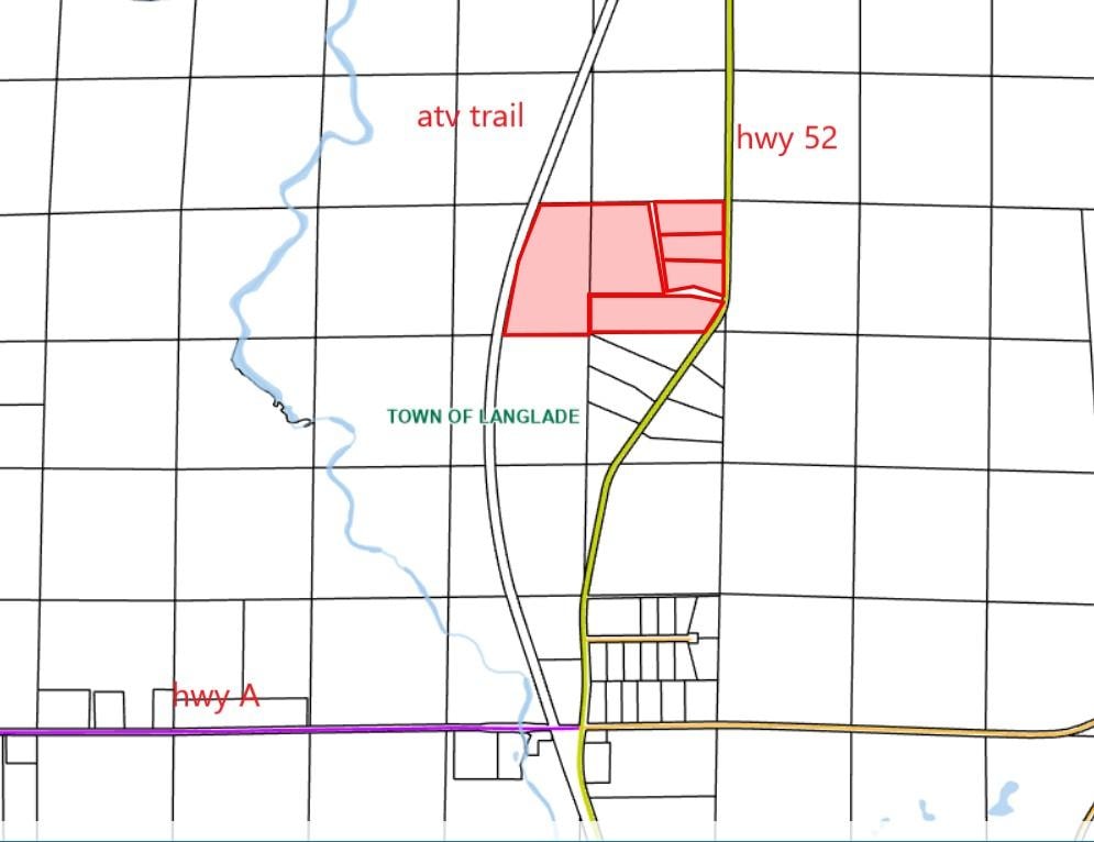 Location map showing Lily Lands parcels in the Town of Langlade with Hwy 52, Hwy A, and ATV trail